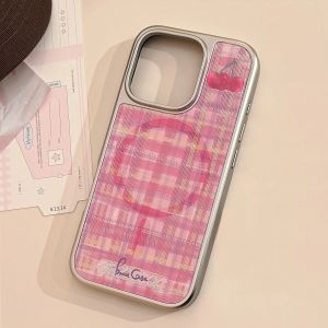 Korean Plating Grid Pattern Rotate Stars Cherry Holder Magnetic Phone Case for iPhone 17 16 15 14 13 12 Pro Max Shockproof Cover
