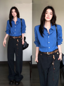 HUAYILING | Elegant Klein Blue Long Sleeve Shirt For Women