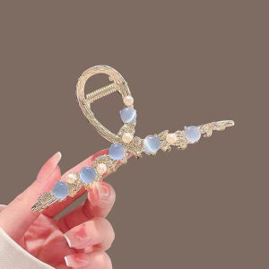 High-end Opal Pearl Rhinestone Leaf Hair Claw Shark Clip Womens Back of Head Hair Grip Alloy Korean Style Hair Accessories