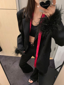 FFmiss Womens Loose Tassel Tweed Jacket Long Sleeve Mid Length Fashionable Design Feather Material Work Clothing Style