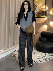 Spring 2025 Knitted Vest Shirt Striped Wide Leg Pants Casual Fashion Three Piece Set Womens Polyester Long Sleeve Long Pants