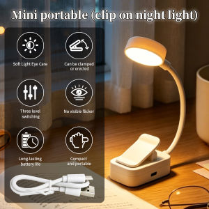 LED Clip On Desk Lamp Portable Night Light Rechargeable 3 Colors Dimmable Eye Protection For Bedroom Study Reading Lighting
