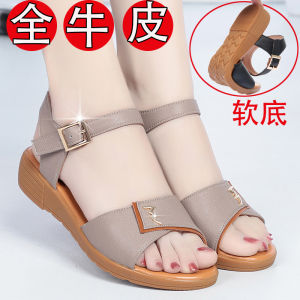 Summer New Womens Flat Heel Leather Sandals Soft Bottom Cow Tendon Shoes Comfortable Fashionable Casual Low Cut Slip-On