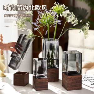 Creative Square Wooden Pallet Vase Decoration Transparent Aquatic Flowers Easiest for Match Living Room Flower Arrangement Solid Wood Base Decorative Flowerpot