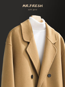Double-Sided Autumn Winter Sheep Velvet Mens Coat Loose Shoulder Drop Double Row Button Woolen Suit Outerwear Counter-Season Medium-Length Windbreaker