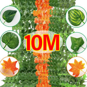10M Artificial Green Ivy Vine Maple Leaves Garland Fake Leaf Plants Rattan Hanging Creeper Garlands for Garden Wedding Party Wall Decors