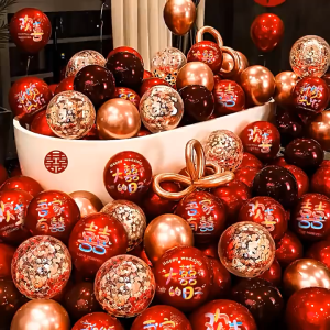 WED Balon Shuang Xi Wedding 1 Set / Balon Latex Pernikahan Shuang Xi / Balon Merah Gold Wedding Sangjit Teapai Bahan Tebal BLN11