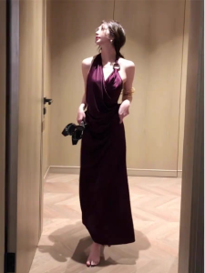 Elegant Rosemary Embellished Shift Dress with Draped Back Long Skirt Polished Surface No-Sleeve V-Neck Bodycon Gown for Women