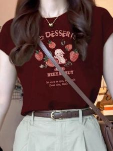 QIANSHUIYIYUN | Burgundy Short-Sleeved T-Shirt Summer New Korean Style Cartoon Print