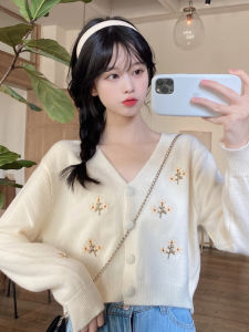 Spring and Autumn V-neck Short Soft Glutinous Knitting Cardigan Female Niche Design Easiest for Match Fashionable Embroidery Loose-Fitting Outerwear Top