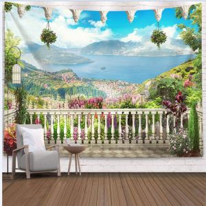 Tấm Thảm Treo Tường VIKAMA Seaside Resort Họa Tiết Hoa Cọ Đại Dương Trời Sáng Trang Trí Mùa Hè Cho Ký Túc Xá Chất Liệu Polyester Không Dệt