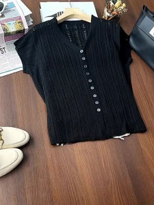 Bộ Thời Trang Mùa Hè Nữ Cao Vòng Eo Ống Rộng Quần Đồ Len Hai Mảnh Hòa Tấu Giảm Tuổi Thời Trang/ Phong Cách Nhìn Thon Gọn Hiệu Ứng