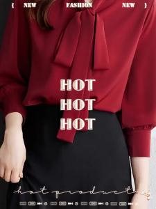 YIMUZI | Burgundy Luxury Blouse with Ribbon Design