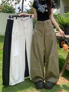 American Style Retro Workwear Casual Pants Women Summer Solid Color Loose Wide Leg Pants High Waist Straight Leg Floor Length Pants