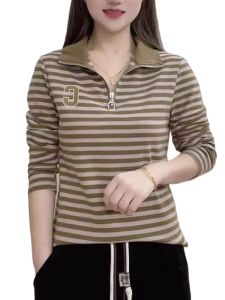 QIAOXIZI | Stylish Striped Turtleneck T-shirt for Middle-aged Women Loose Long-sleeve Slimming