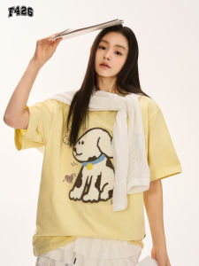 F426 Store Summer New American Casual Towel Embroidery Graffiti Dog Short Sleeve T-Shirt Cotton 100% Loose Fit Youth Fashion