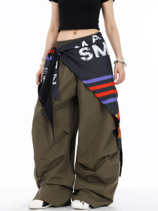 Free Sonata American Retro Color Block Pleated Wide Leg Street Dance Womens Casual Pants Curtain Knife Soldier Pants