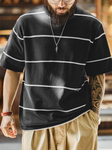MADEN | American Casual Cityboy Style Black and White Striped Short Sleeve T-shirt