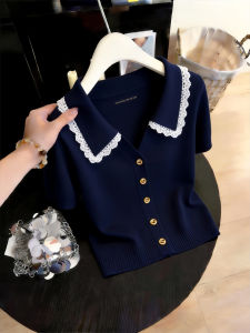 Shalldoer | Lace Patchwork Short Sleeve Knitwear Navy