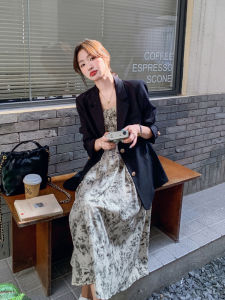 Slimming Black Casual Floral Print Wrap Dress Two-Piece Set Autumn New Style Korean Version Long Sleeve A-Line Skirt Suit