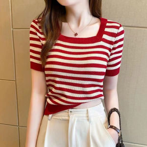 ⚡Port⚡ blouses women new style 2025 Korean new fashion tops New Arrivals womens square neck striped knitted blouse casual striped printed short sleeve top