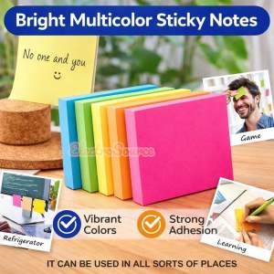 Random Color 3x3 Inch Sticky Notes – Glue-Free Static Cling Self-Stick Pads Reusable Adhesive Notes for Study Office School & Home 80 Sheets per Pad