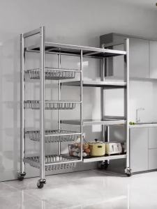 🔥SG Local Seller🔥2025 Upgrade Stainless Steel Kitchen Shelf Storage Rack Removable With Wheels Height Adjustable Multi Functional Oven/Microwave/Pot/ Organizer Vegetable Fruit Storeroom Metal Rack With Layered Partition Basket