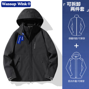 Wassup Wink Mens Black Three-in-One Waterproof Windproof Hiking Jacket Couples Outerwear Autumn Winter Spring Seasonal Use