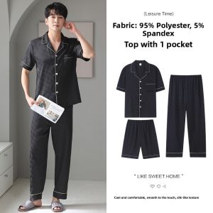 Miiow | Mens Ice Silk Sleepwear Short Sleeve Thin Summer Home Clothes Three-Piece Set Large Size Casual Polyester Fiber Comfortable