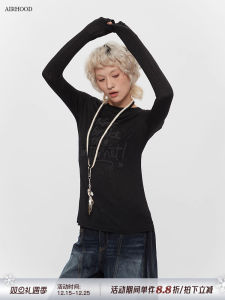 Airhood American Style Foamed Letter Print Thin Long Sleeve Womens Spicy Slim Fit Base Shirt Top Ins Polyester Fiber round Neck