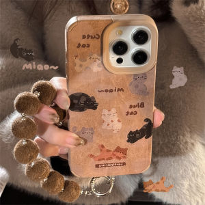 Brown Leather Texture Cat Pattern Silicone Protective Case for  15Promax 16Pro Max Womens Bracelet Compatible Drop Protection