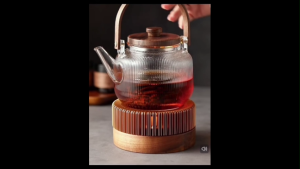 OHHDEER  Pemanas Teh & Teko Kaca Gaya Zen | Zen Style Tea Warmer Base & Wooden Handle Glass Teapot