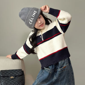 Chen DaZhu Polo Collar Sweater for Girls Fashionable Knittedwear Easy-To-Wear Classic round Neck Long Sleeve Thickened Autumn Winter Kids Clothes