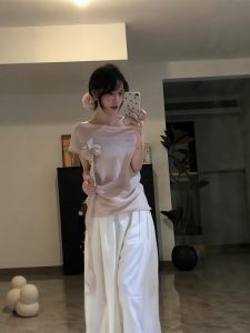 VKSOD | ชุดเสื้อเชิ้ตไหล่เดียวหลวมๆ สไตล์สูงๆ คอวี กระโปรงยาวผ้าฝ้ายผสมคอตตอนสำหรับฤดูร้อน ชุดสองชิ้น