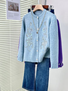 QINGNAER | Embroidery Slimming Blue Knit Cardigan Big Size
