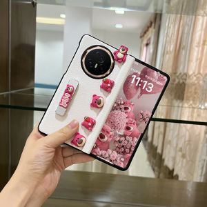 Cute Cartoon Case for Huawei Honor Magic V3 Fold Build-in Stand Luxury PU Leather Cover Magnetic Hinge Shockproof Armor Plastic Glass Film Phone Casing for MagicV3