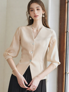 Roey s house | Slim Fit Apricot Patchwork French V-Neck Office Shirt
