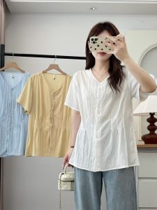 เสื้อเชิ้ตคอวีเข้ารูปแขนสั้นสไตล์ฝรั่งเศสสำหรับผู้หญิงไซส์ใหญ่ ทรงหลวม สไตล์เกาหลี ทรงพอดีตัว ผ้าโพลีเอสเตอร์