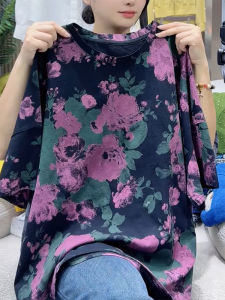 QINGNAER | Chic Vintage Print Large-size Womens Shirt