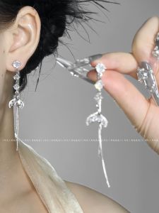 Original Design S925 White Fish Tail Zircon Long Tassel Ear Wire Double Wear Elegant Mermaid Ear Jewelry Fashionable Earrings