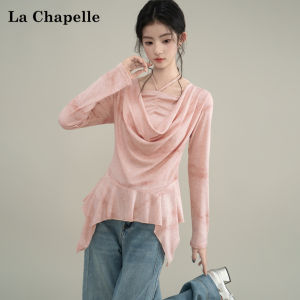La Chapelle | Áo Thun Ôm Body Tay Dài Cổ Halter Màu Hồng Viền Bất Đối Xứng