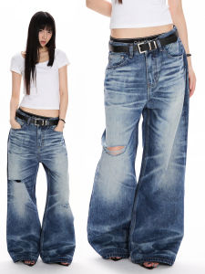 APOCKET | American Retro Distressed Whiskered Acid Washed Straight Cut Jeans