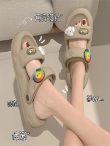 รองเท้าแตะพื้นหนาสำหรับผู้หญิงในชีวิตประจำวันในบ้านและกลางแจ้ง รองเท้าแตะแบบสวมส้นแบนสไตล์เกาหลี ทรงหัวมน สายรัดคู่ รองเท้าแตะสำหรับใส่ไปทำงานและชายหาด