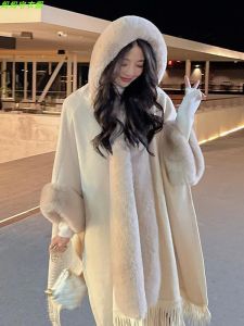 Fall Winter Fashion Elegant Fleece-lined Outer Wear Mid Length Long Length Woolen Outwear Cape Tassel Shawl Women Hooded Fleece Overcoat