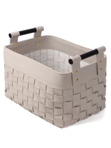 Modern Simple Leather Woven Wood Handle Storage Basket Bedroom Clothes Basket Decorative Accessories Display Piece