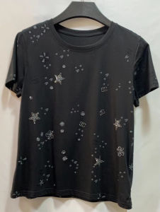 Special Offer Summer New Short Sleeve T-Shirt Cool Comfortable Milk Ice Silk Cotton Black Glittering Beads Straight Cut Commute Style