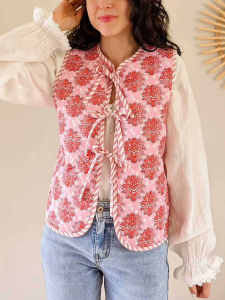 Floral Print French Style Streetwear Butterfly Knot Sleeveless Vest Cotton Flower Jacket Small Outerwear Casual Loose Fit