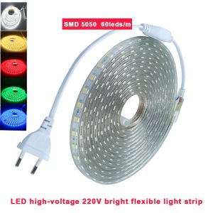 Waterproof SMD 5050 AC220V LED Strip Flexible Light 60leds/m LED LED Lights Lighting Living Room Decor Lamp With EU Plug