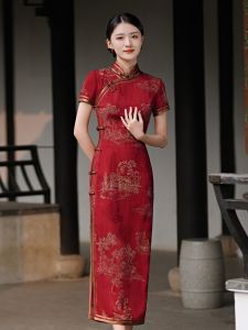 Red Improved Midi Cheongsam for Mom Midlife Summer New Style Large Size Retro Style Daily Wear Polyester Blend Short Sleeve