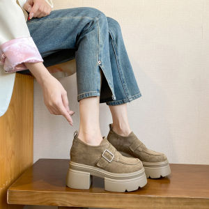 Fashionable Brown Thick Bottom Loafers Retro High Heels Spring 2025 New Style Increased Height Small Size Knot Leather Shoes